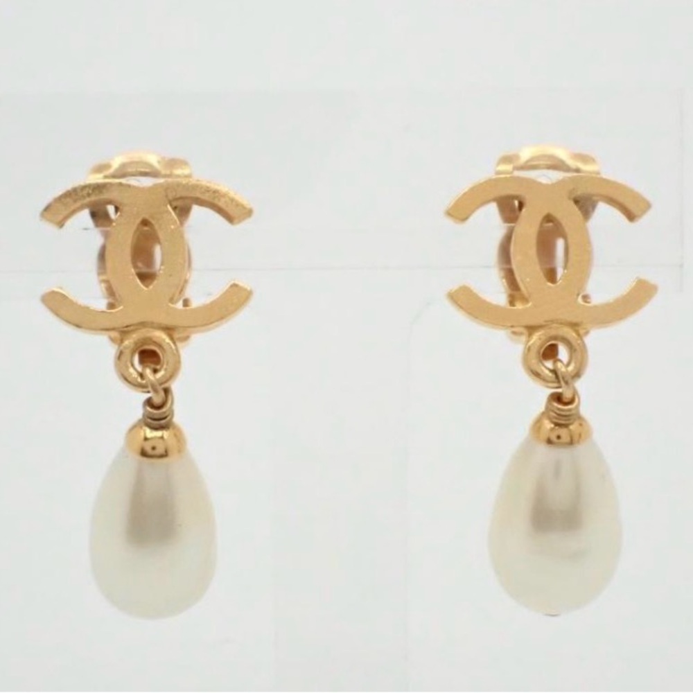 CHANEL Gold and White Logo Drop Earrings